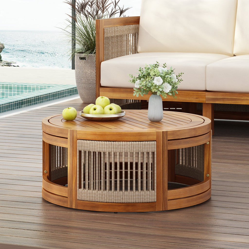 Acacia Wood Outdoor Coffee Table with Handwoven Rope Accent