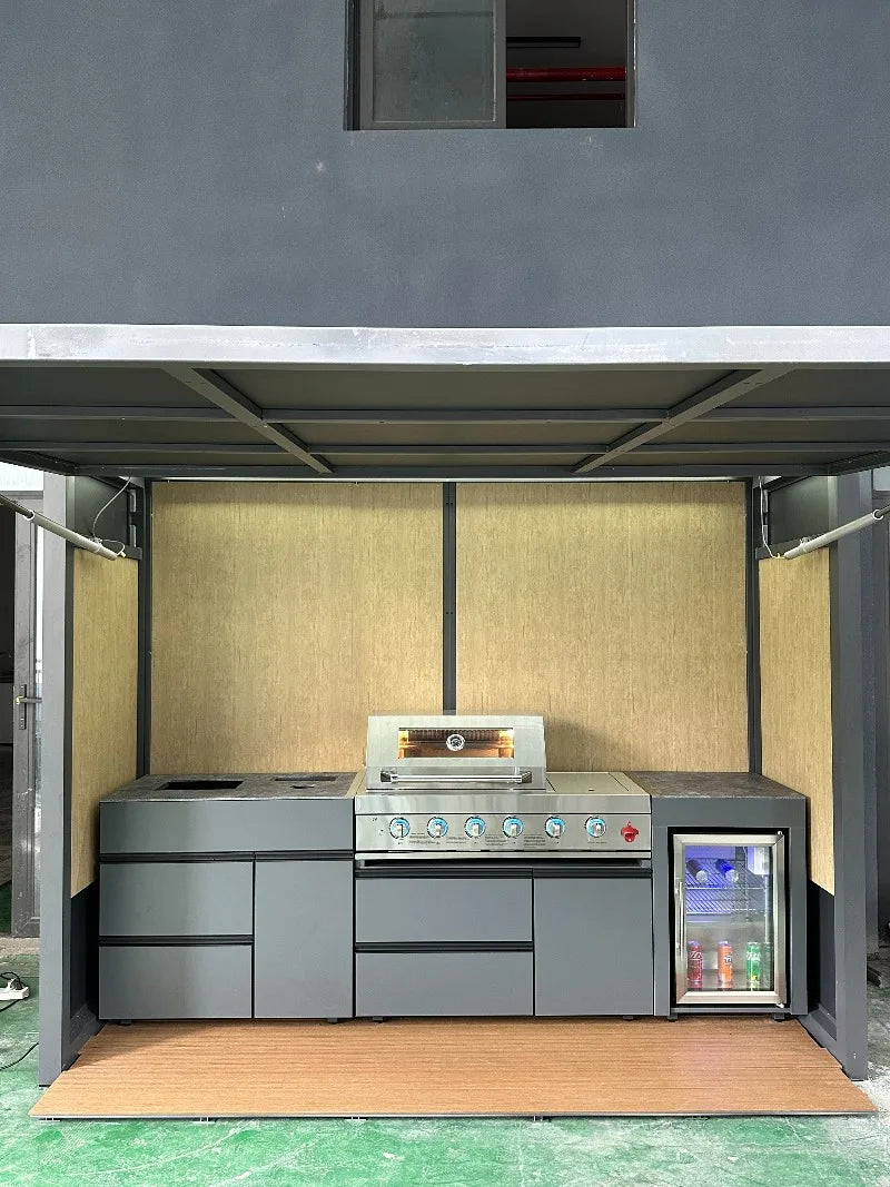 Customized Weatherproof Outdoor Kitchen Set BBQ Grills with Shed Stainless Steel Cabinets & Luxury Aluminum for Patio