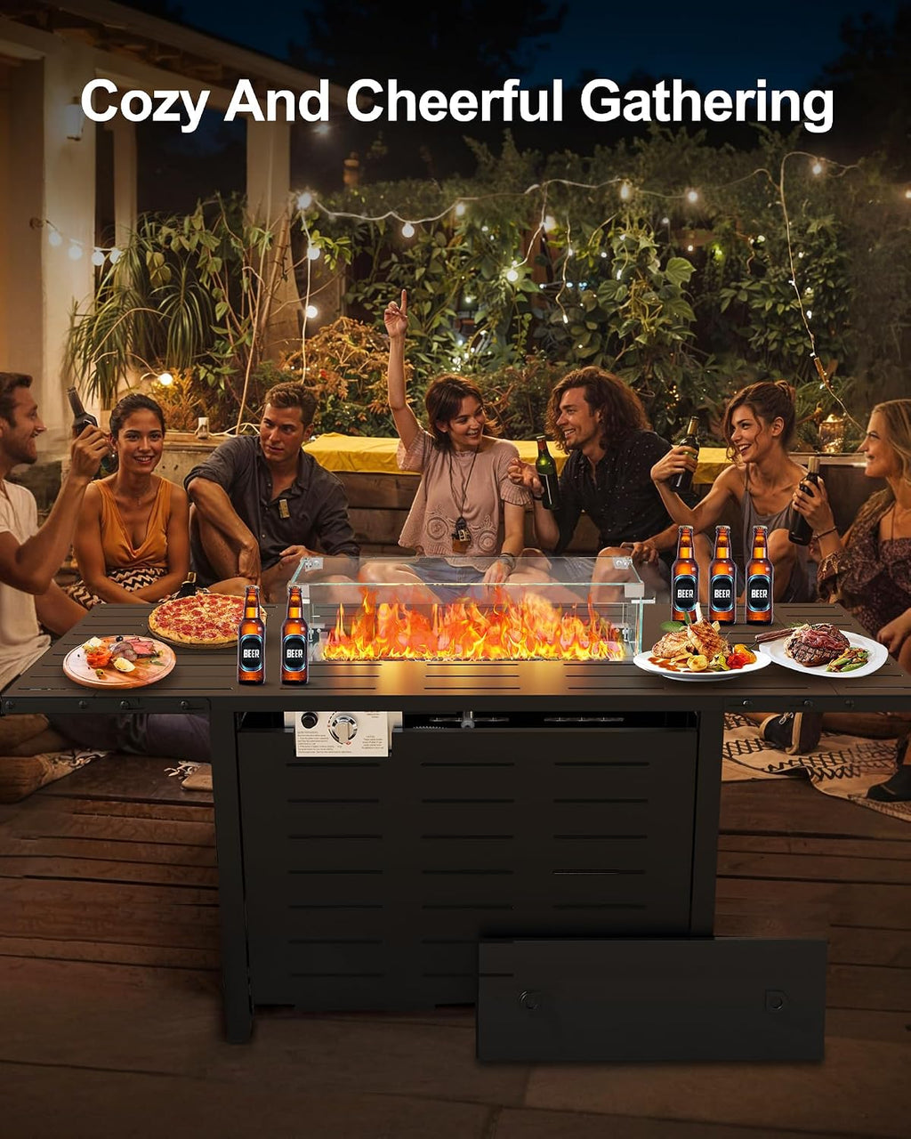 55" Propane Fire Pit Table, 48000 BTU Gas Fire Pit Table with Ignition System, Outdoor Fire Table with Glass Rocks for Patio Garden Backyard, Rain Cover and Wind Guard Glass Included