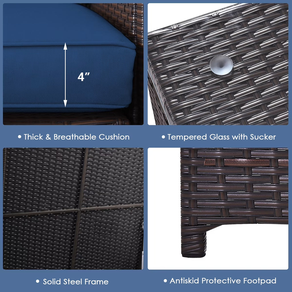5-Piece Outdoor Patio Furniture Set with 50,000 BTU Propane Fire Pit Table Patio PE Wicker Conversation Set with Cushions Storage Box and Tempered Glass Coffee Table Navy