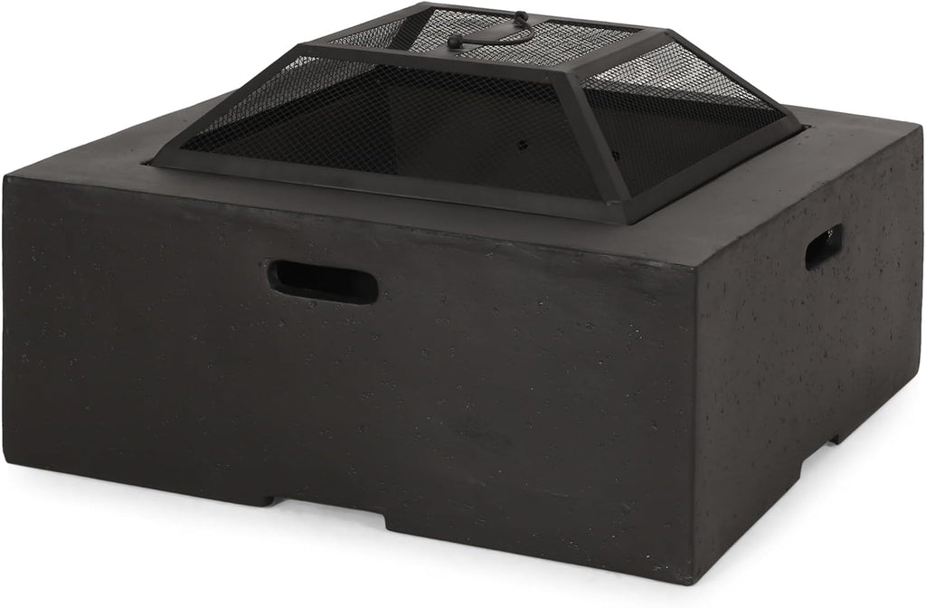Berwick Outdoor Lightweight Concrete Wood Burning Square Fire Pit, Dark Gray