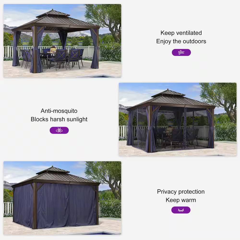 12 Ft. X 12 Ft. Bronze Aluminum Power-Coated Frame Galvanized Steel Double Roof Hardtop Gazebo Hook Netting Blue Curtain