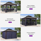 12 Ft. X 12 Ft. Bronze Aluminum Power-Coated Frame Galvanized Steel Double Roof Hardtop Gazebo Hook Netting Blue Curtain