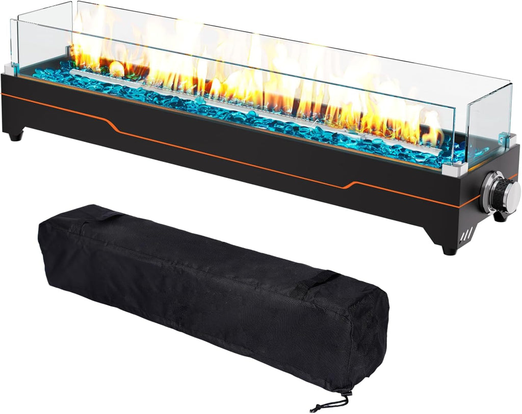 28" Table Top Propane Fire Pit, 45,000 BTU Tabletop Gas Fire Pit, Tabletop Firepit for Patio, Outdoor Portable Fireplace, Rectangular Fire Bowl with Glass Wind Guard, Glass Beads & Cover