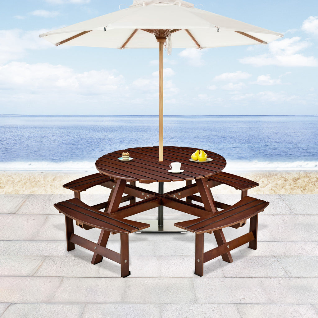 Outdoor 8- Person Round Picnic Table with Built-In Benches