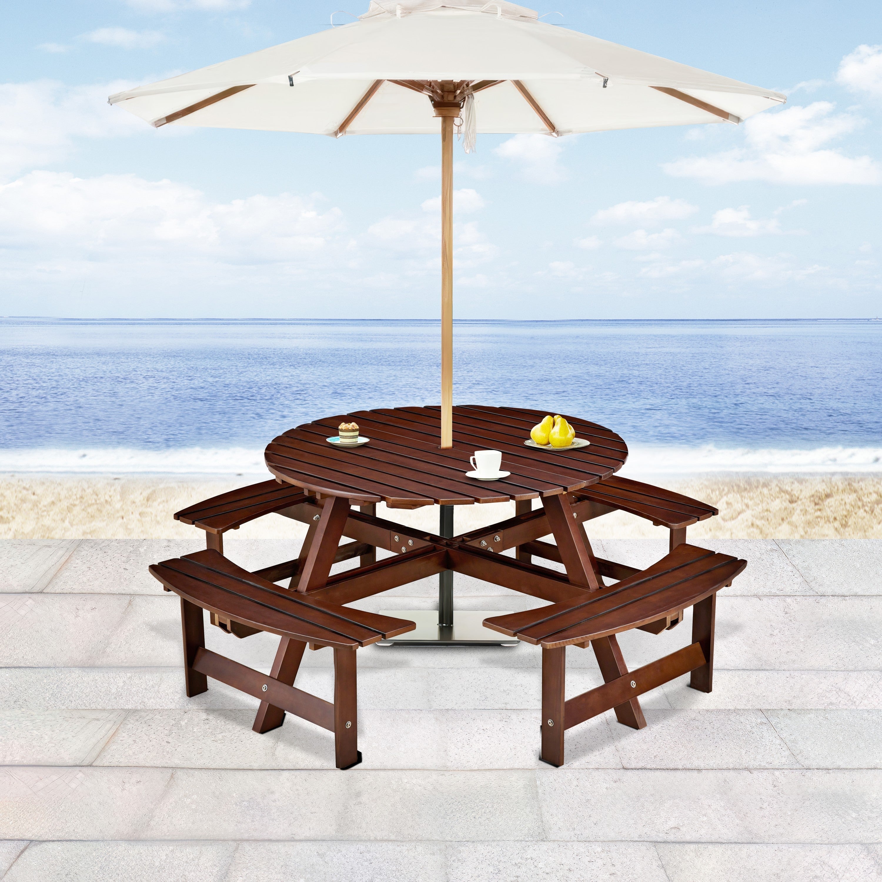 Outdoor 8- Person Round Picnic Table with Built-In Benches