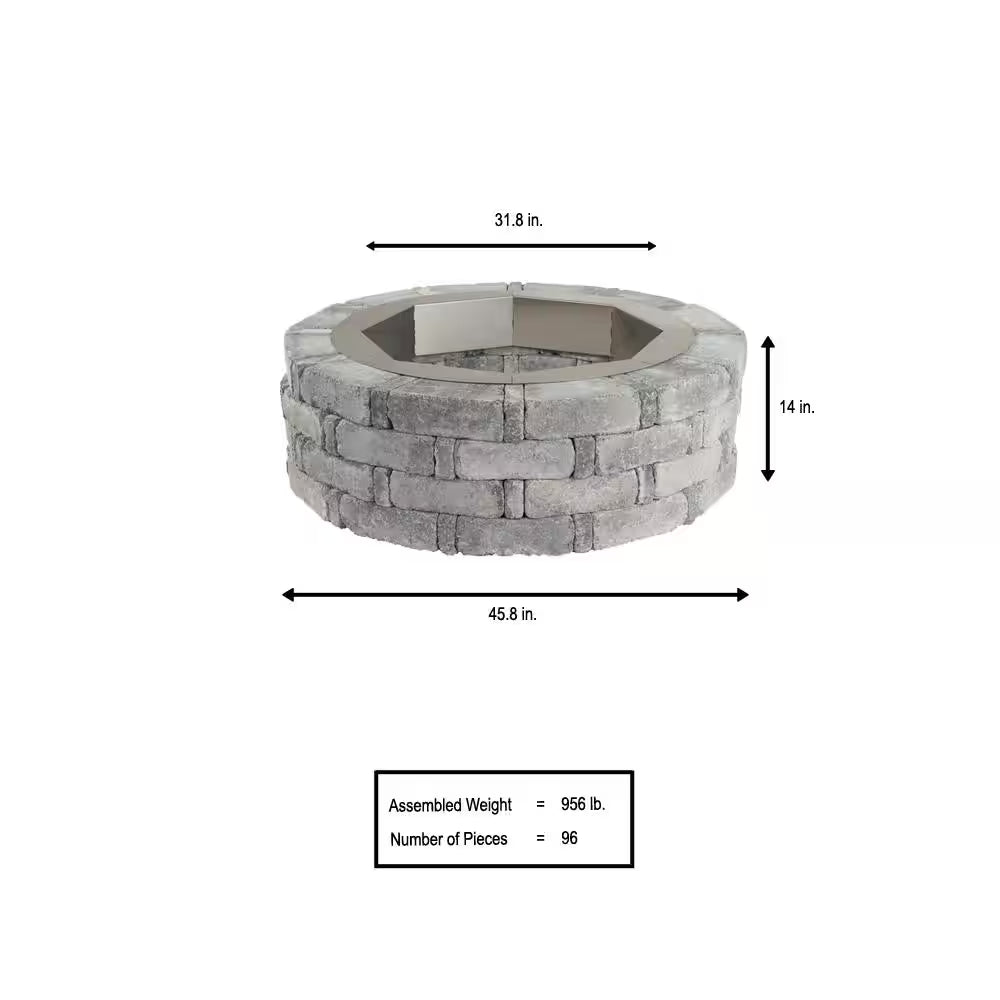 Rumblestone 46 In. X 14 In. round Concrete Fire Pit Kit No. 2 in Greystone with round Steel Insert