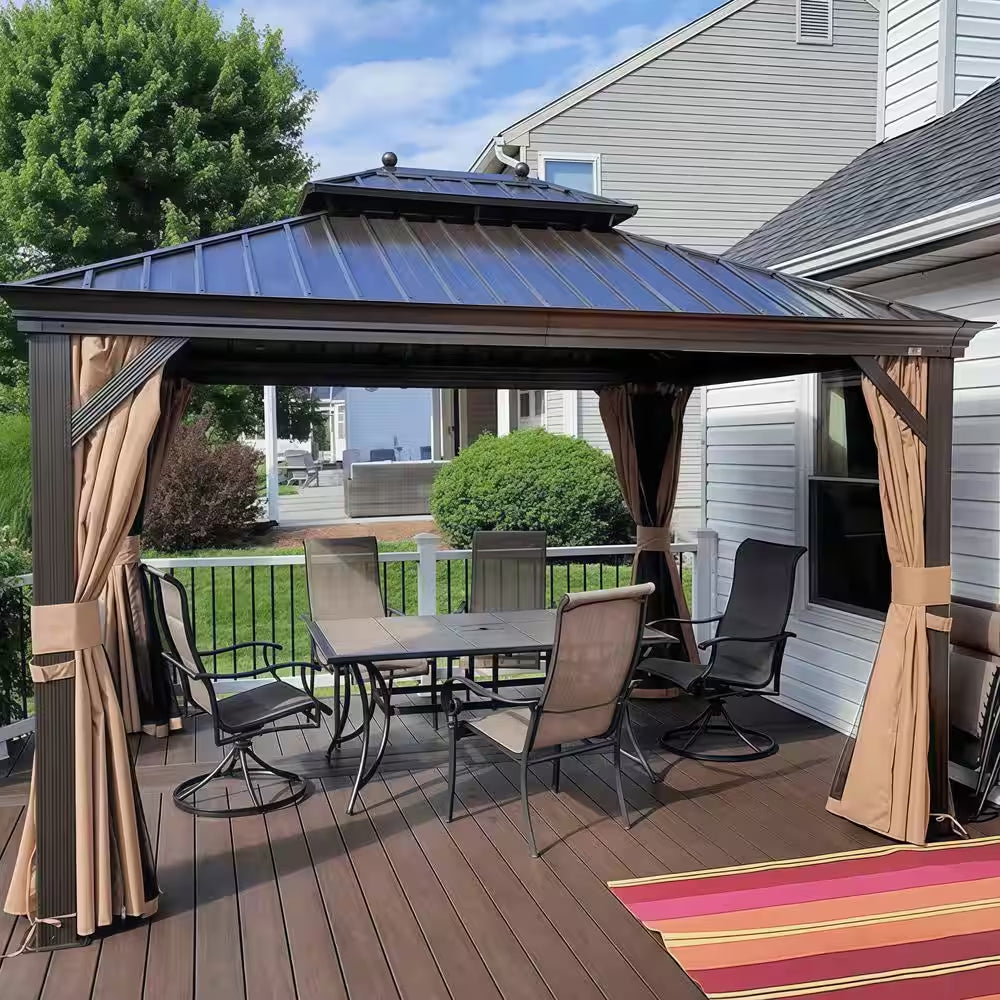10 Ft.X 12 Ft.Bronze Aluminum Power-Coated Frame Galvanized Steel Double Roof Hardtop Gazebo,Hooks,Netting,Khaki Curtain
