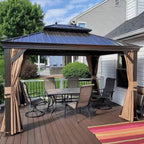 10 Ft.X 12 Ft.Bronze Aluminum Power-Coated Frame Galvanized Steel Double Roof Hardtop Gazebo,Hooks,Netting,Khaki Curtain
