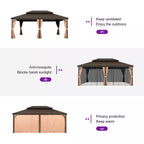 14 Ft.X 20 Ft.Bronze Patio Outdoor Gazebo for Backyard Hardtop Aluminum Frame with Hooks,Netting,Khaki Curtain,48-Lights