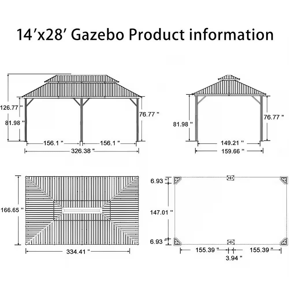 14 Ft.X 28 Ft.Bronze Aluminum Power-Coated Frame Galvanized Steel Double Roof Hardtop Gazebo,Hooks,Netting,Khaki Curtain