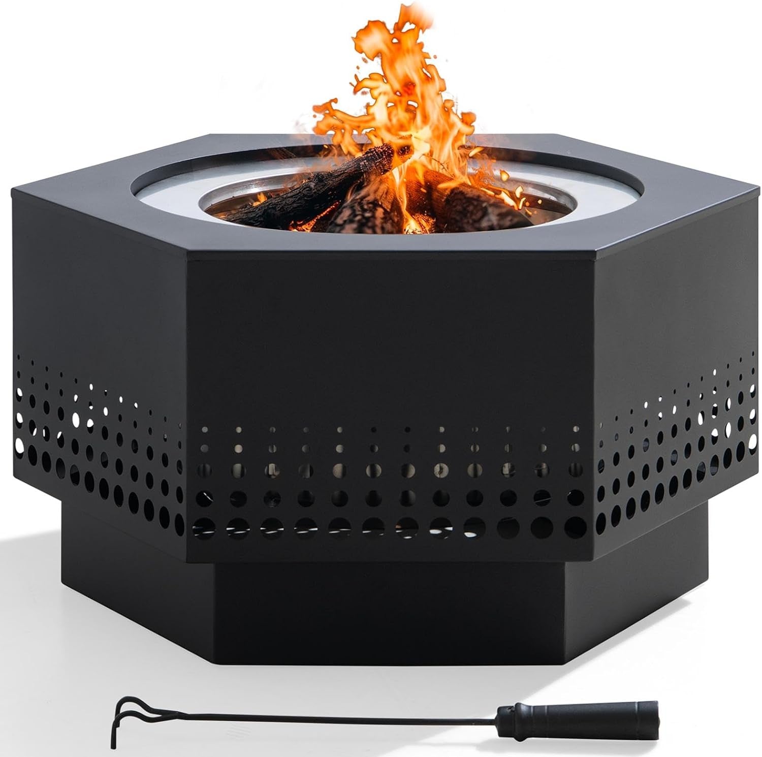Smokeless Fire Pit 28-Inch Hexagonal Firepit for Outdoor, Stainless Steel Wood Burning Fireplace with Removable Ash Pan, PVC Cover and Fire Poker, Ideal for Camping, Bonfire, Backyard, Black