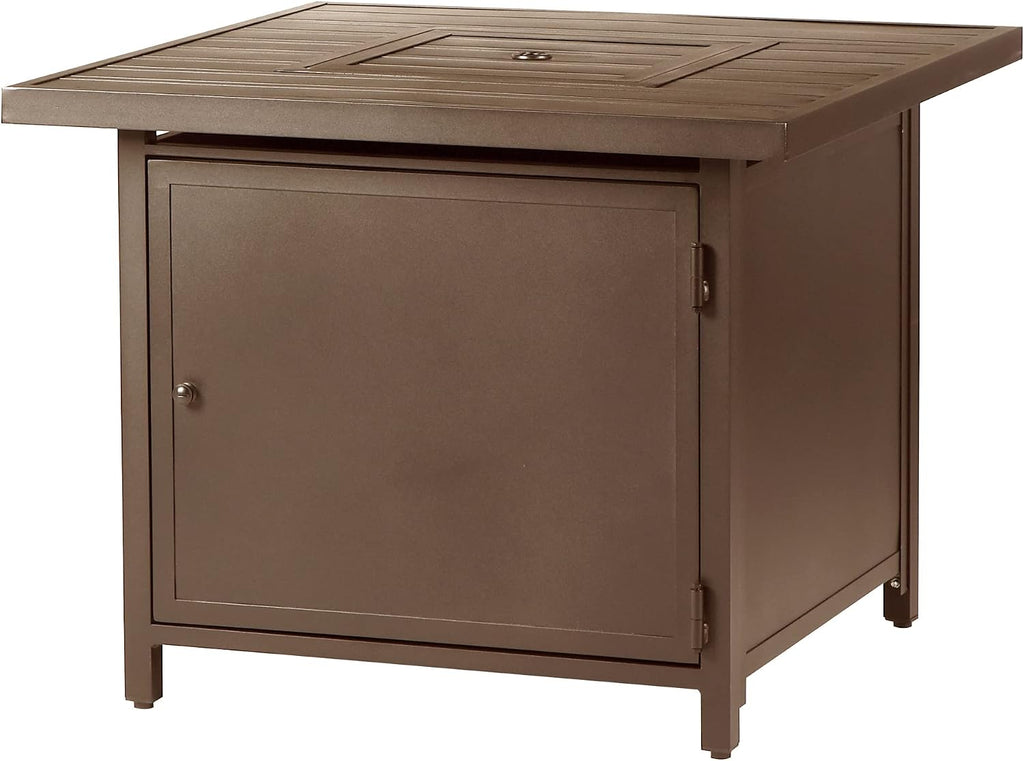 Square 32 In. X 32 In. Aluminum Propane Fire Pit Table with Glass Beads, Two Covers, Lid, 37,000 Btus in Brown Finish