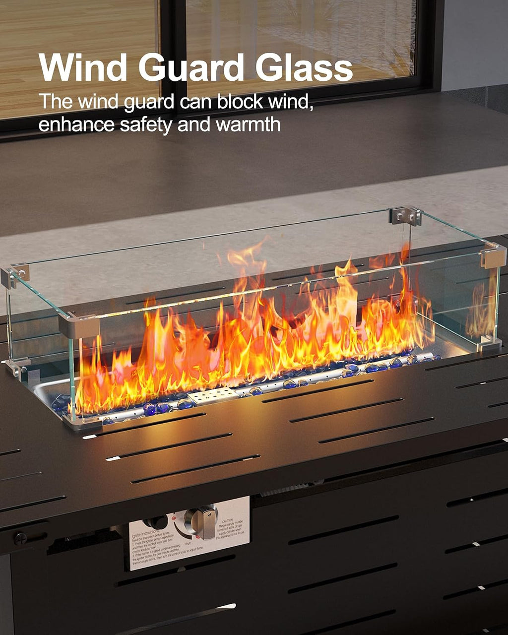 55" Propane Fire Pit Table, 48000 BTU Gas Fire Pit Table with Ignition System, Outdoor Fire Table with Glass Rocks for Patio Garden Backyard, Rain Cover and Wind Guard Glass Included