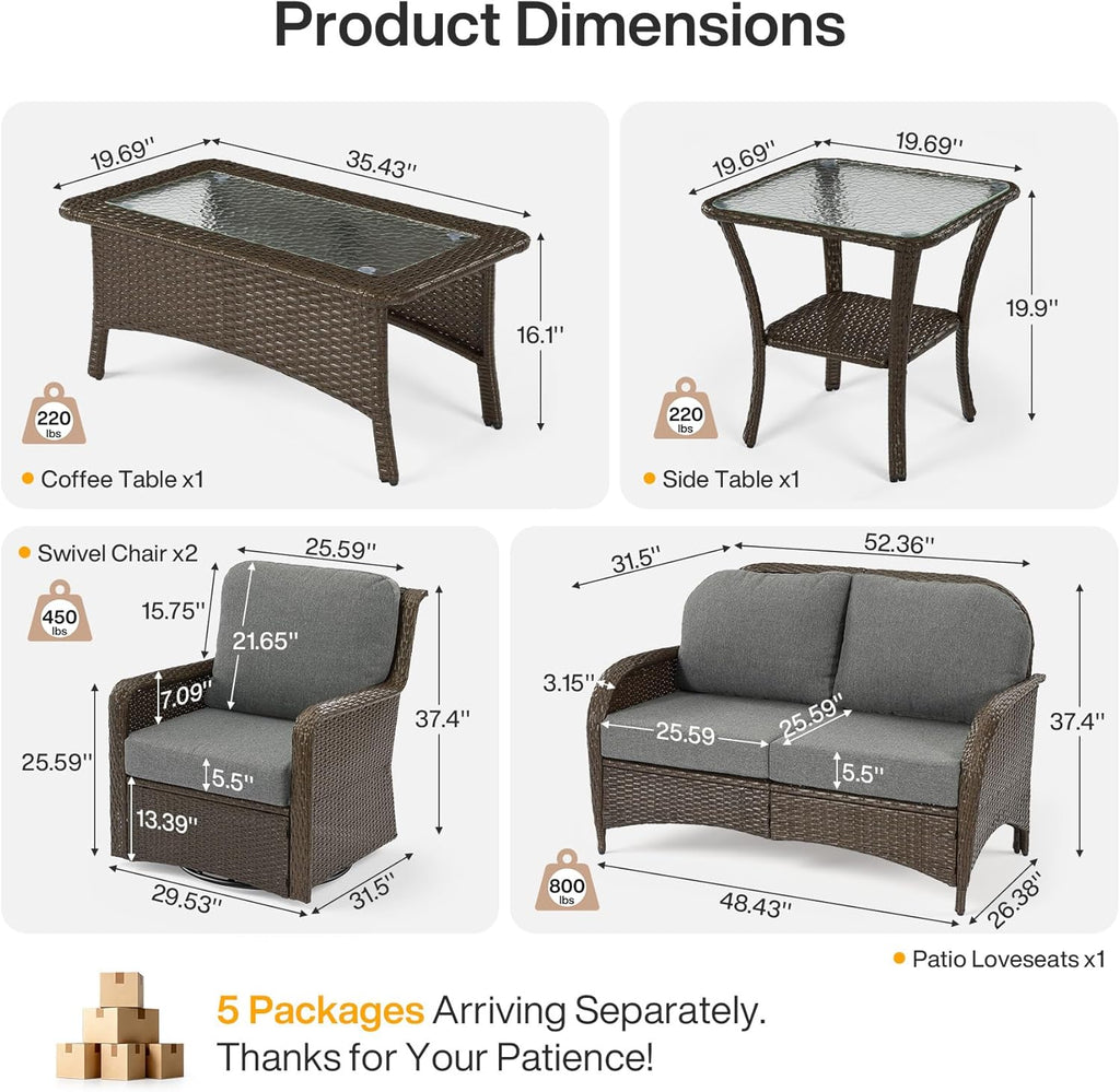 Tribesigns 5-Piece Outdoor Wicker Patio Furniture Set with 2 Swivel Chairs, 1 Loveseat & 2 Tables, Wicker Patio Chair Set with 26.8'' Deep Seat, Luxury Conversation Set for Porch, Yard, Brown/Gray
