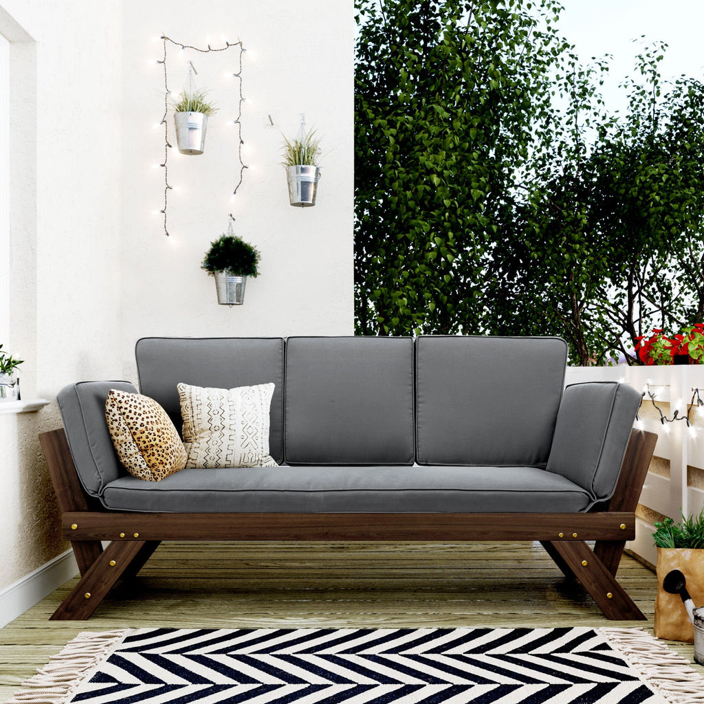 Outdoor Adjustable Patio Wooden Daybed Sofa Chaise Lounge with Cushions