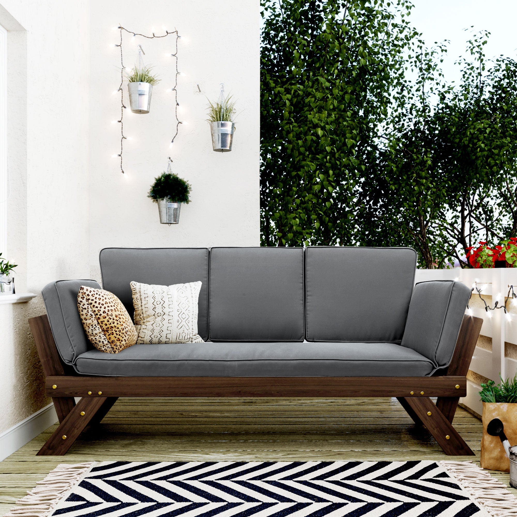 Outdoor Adjustable Patio Wooden Daybed Sofa Chaise Lounge with Cushions