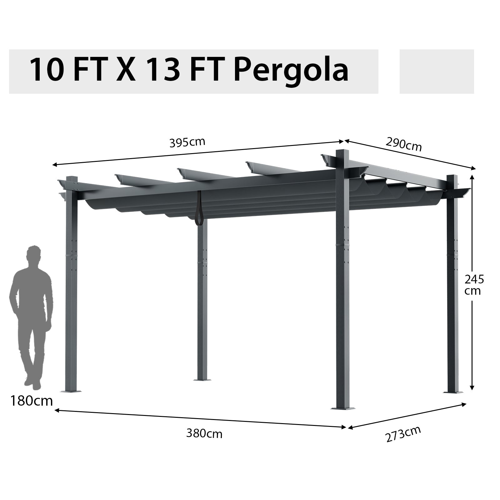 10 ft. x 13 ft. Outdoor Aluminum Retractable Pergola Canopy Shelter, Gray