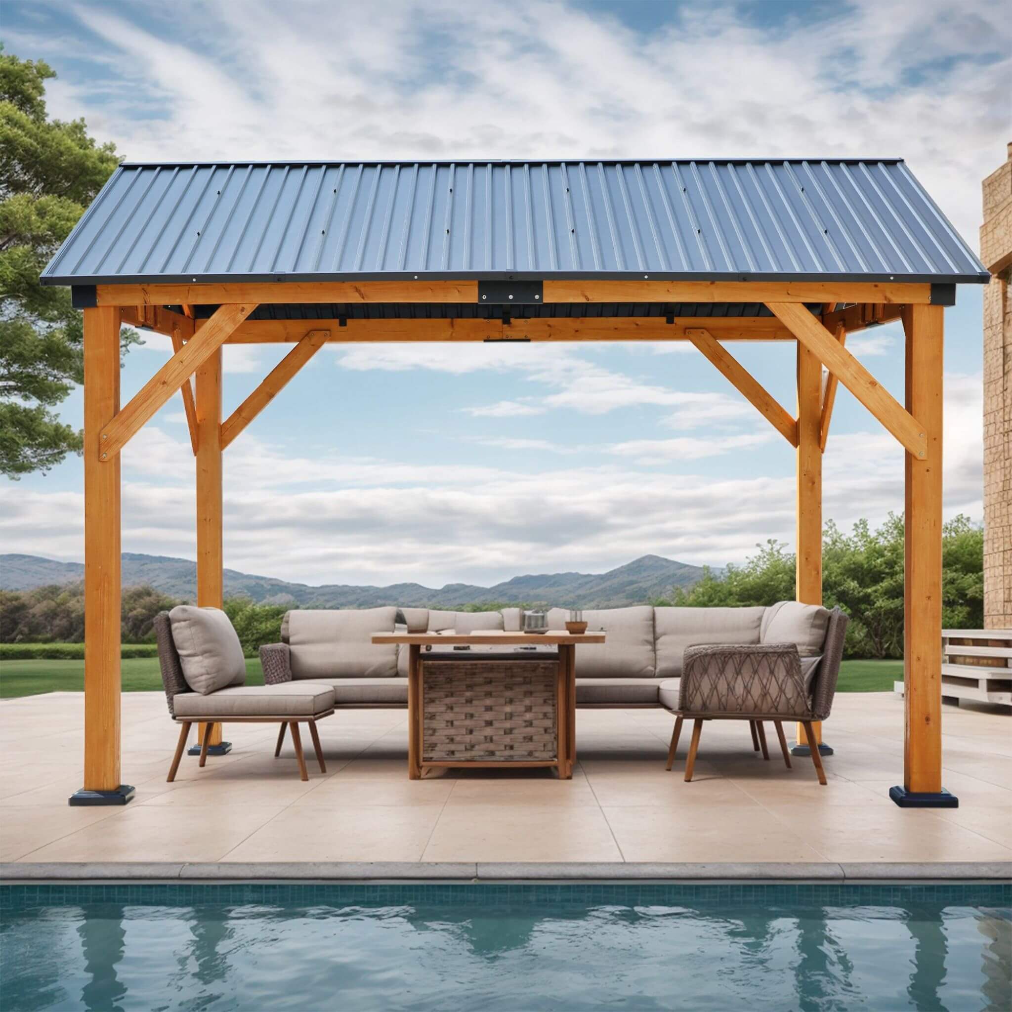 [09X11FT] Alora Heavy-Duty All-Weather Hardtop Wooden Carport Gazebo With Galvanized Steel Roof