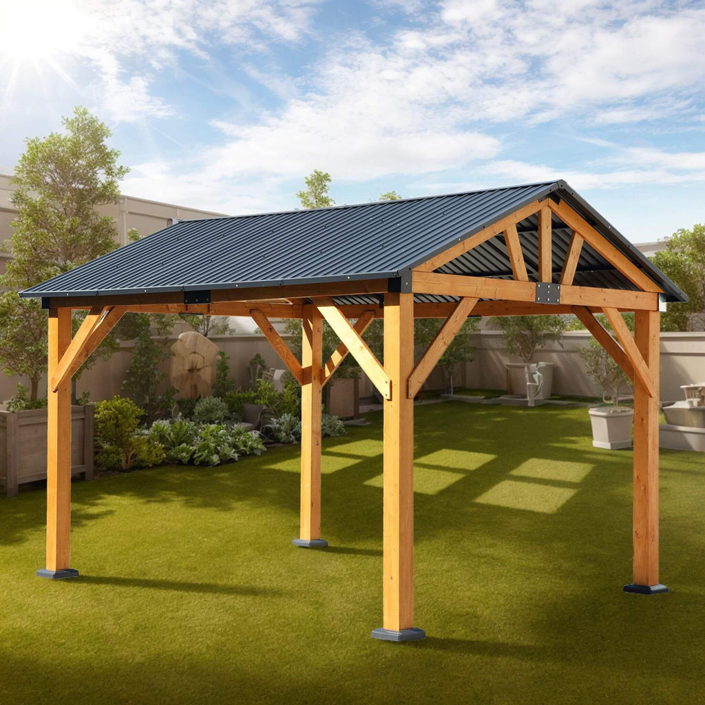 [09X11FT] Alora Heavy-Duty All-Weather Hardtop Wooden Carport Gazebo With Galvanized Steel Roof