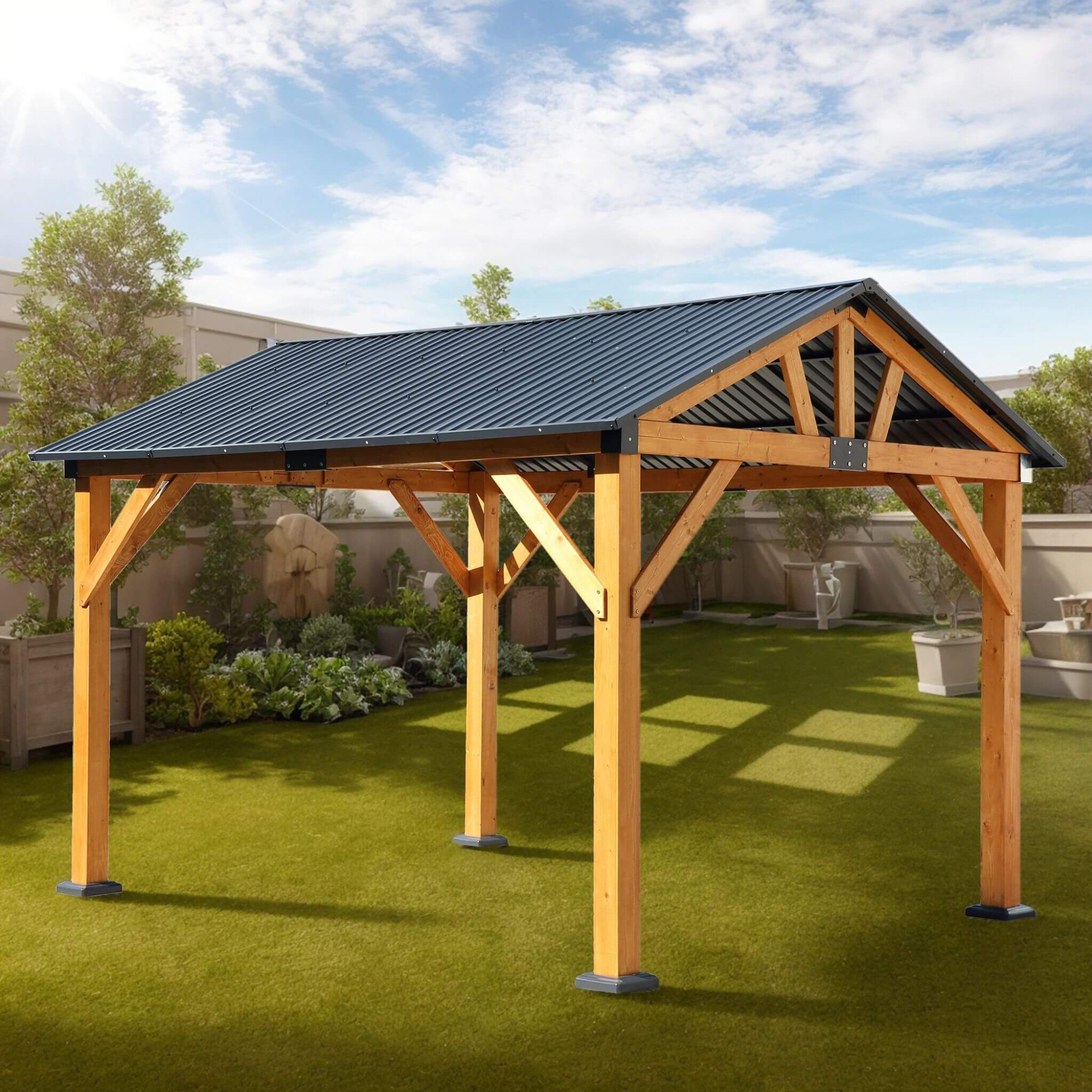 [09X11FT] Alora Heavy-Duty All-Weather Hardtop Wooden Carport Gazebo With Galvanized Steel Roof