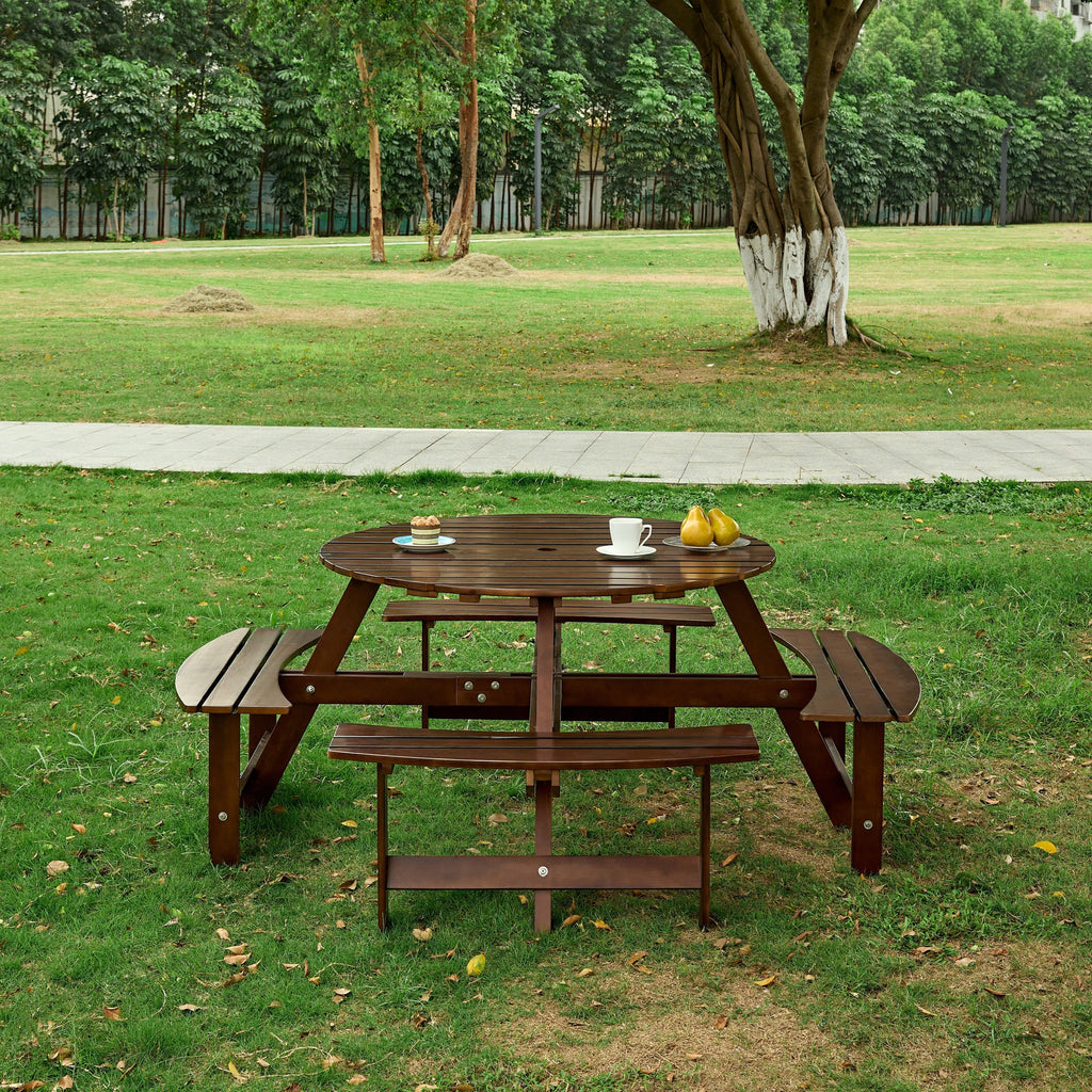 Outdoor 8- Person Round Picnic Table with Built-In Benches