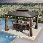 13 Ft. X 13 Ft. Bronze Patio Outdoor Gazebo Backyard Hardtop Aluminum Frame Hooks, Netting, Khaki Curtain, 24-Lights