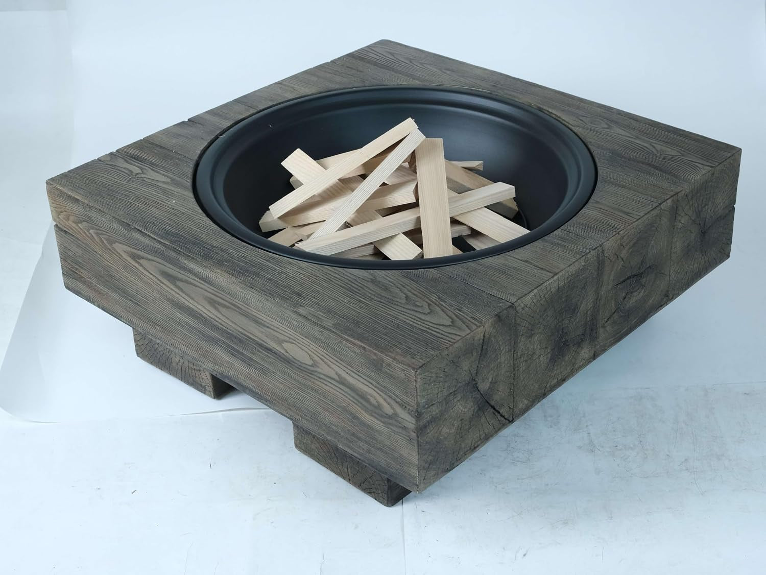 Outdoor Wood Burning Fire Pit with Wood Grain Design, Magnesium Oxide, Antique Dark Grey, 27.4” X 24.4” X 18” for Garden and Patio