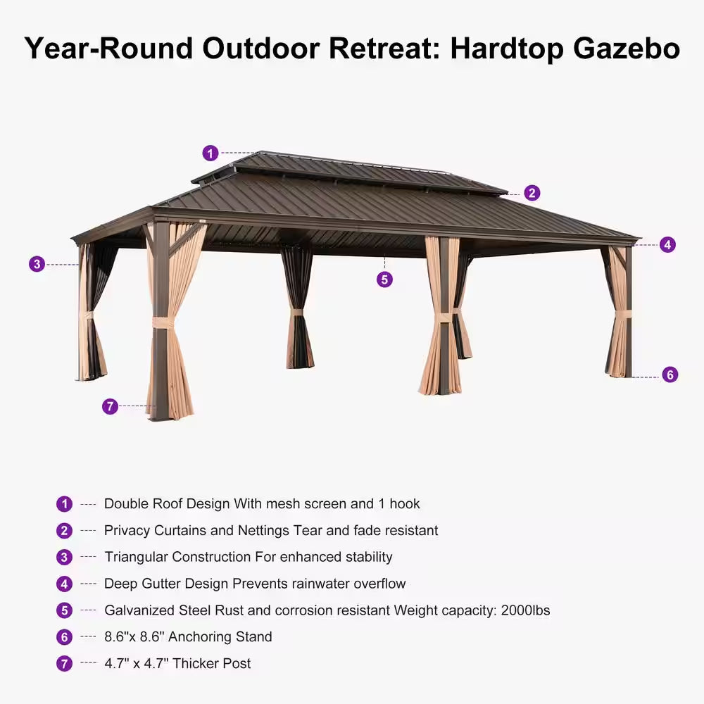 14 Ft.X 28 Ft.Bronze Aluminum Power-Coated Frame Galvanized Steel Double Roof Hardtop Gazebo,Hooks,Netting,Khaki Curtain