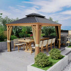 10 Ft. X 12 Ft. Double Roof Hardtop Wood Grain Aluminum Patio Gazebo with Netting and Khaki Curtains