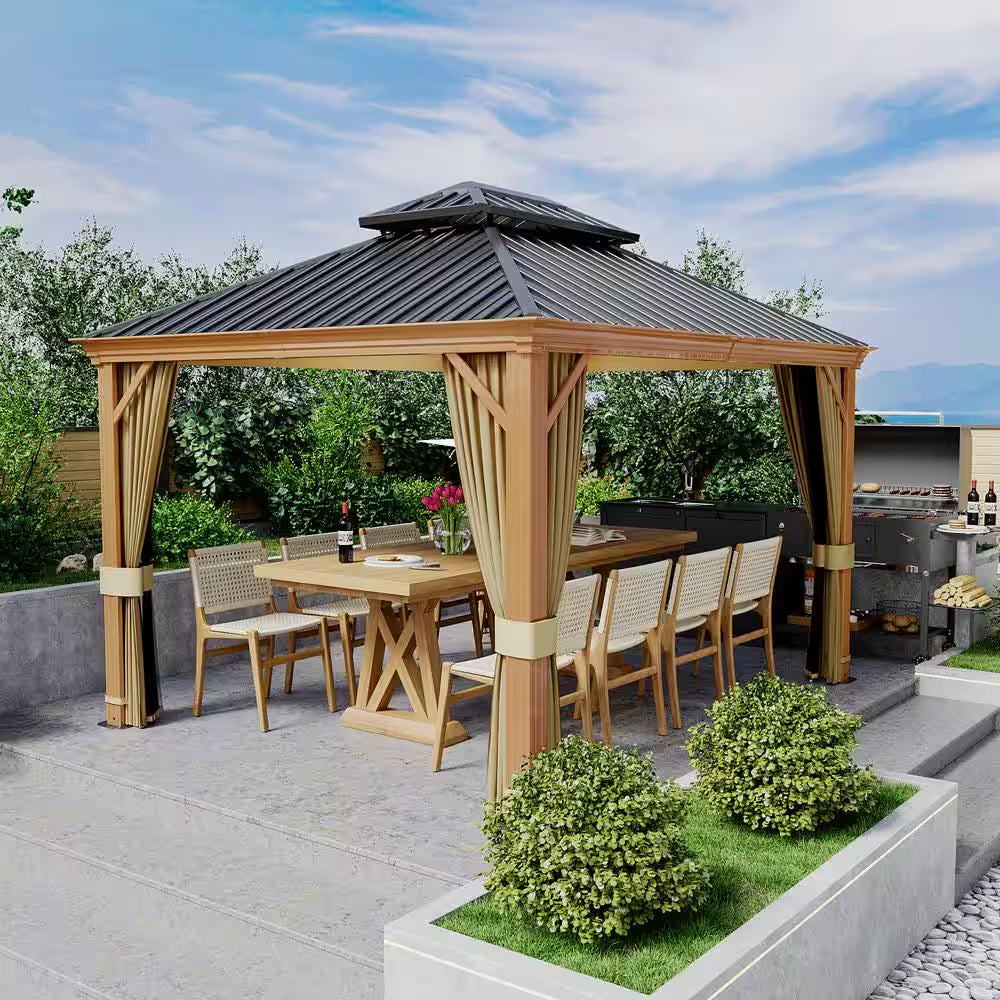 10 Ft. X 12 Ft. Double Roof Hardtop Wood Grain Aluminum Patio Gazebo with Netting and Khaki Curtains