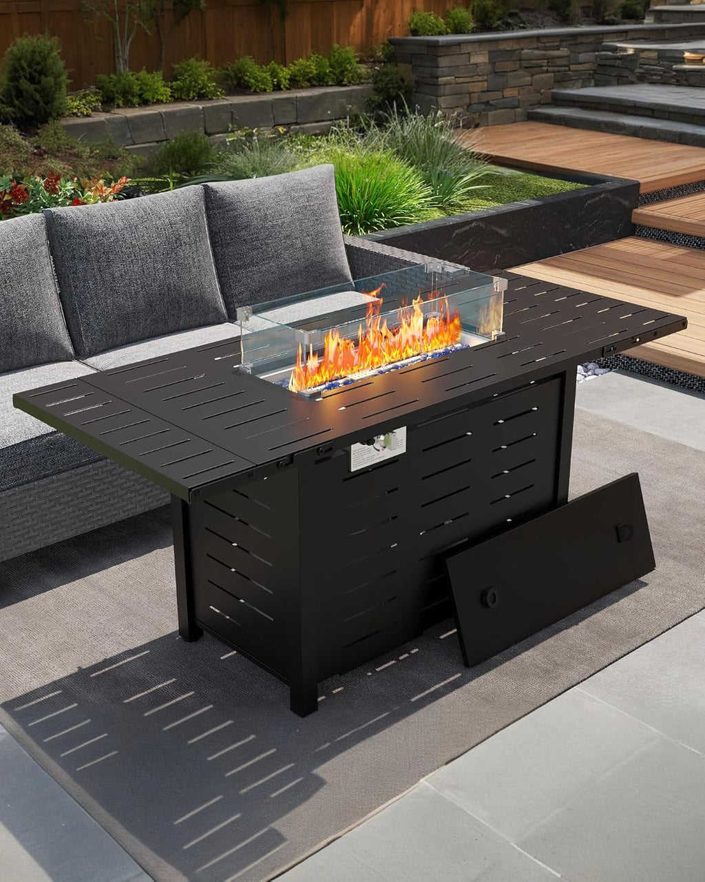 55" Propane Fire Pit Table, 48000 BTU Gas Fire Pit Table with Ignition System, Outdoor Fire Table with Glass Rocks for Patio Garden Backyard, Rain Cover and Wind Guard Glass Included