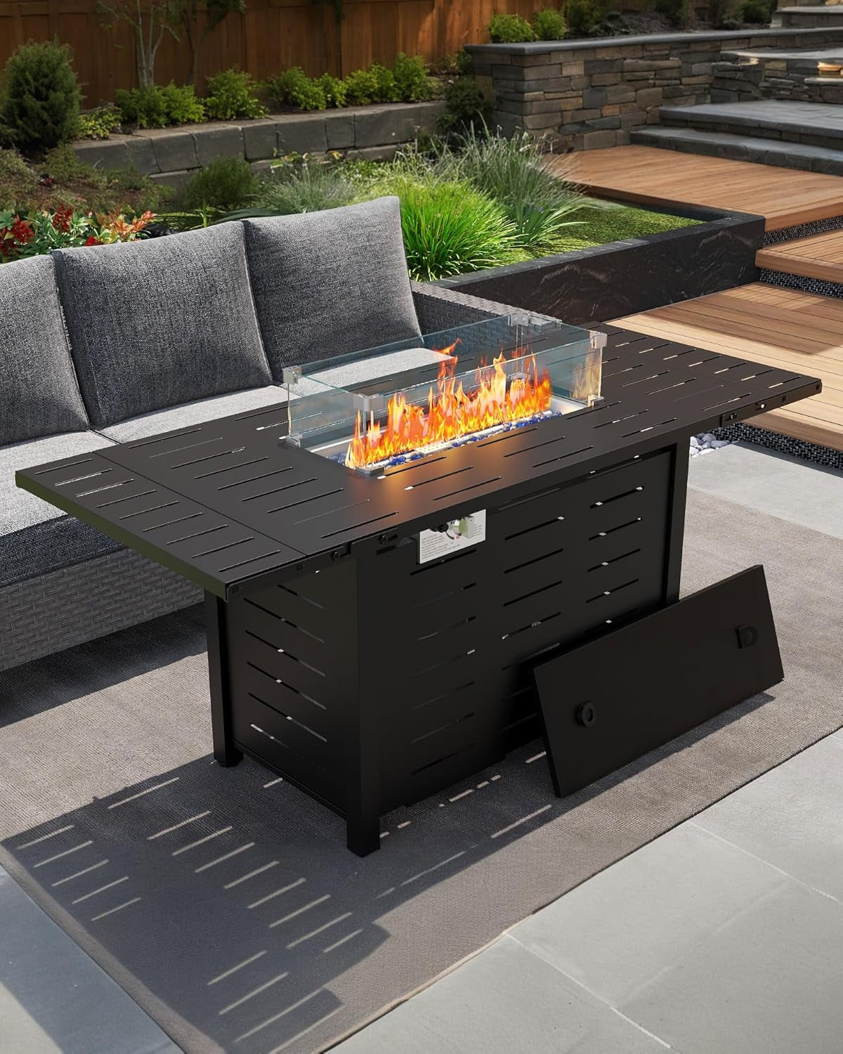 55" Propane Fire Pit Table, 48000 BTU Gas Fire Pit Table with Ignition System, Outdoor Fire Table with Glass Rocks for Patio Garden Backyard, Rain Cover and Wind Guard Glass Included
