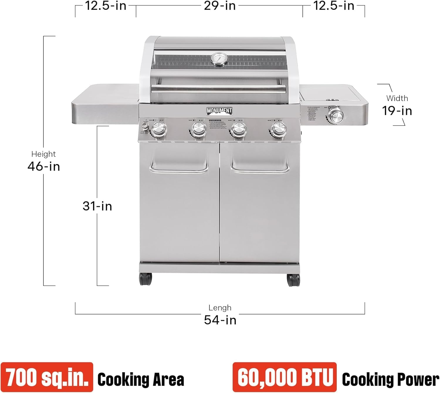 Larger Convertible 4 Burner Natural Gas Grill Stainless Steel Cabinet Style Propane Grills, LED Controls,Side Burner(Without Conversion Kit)