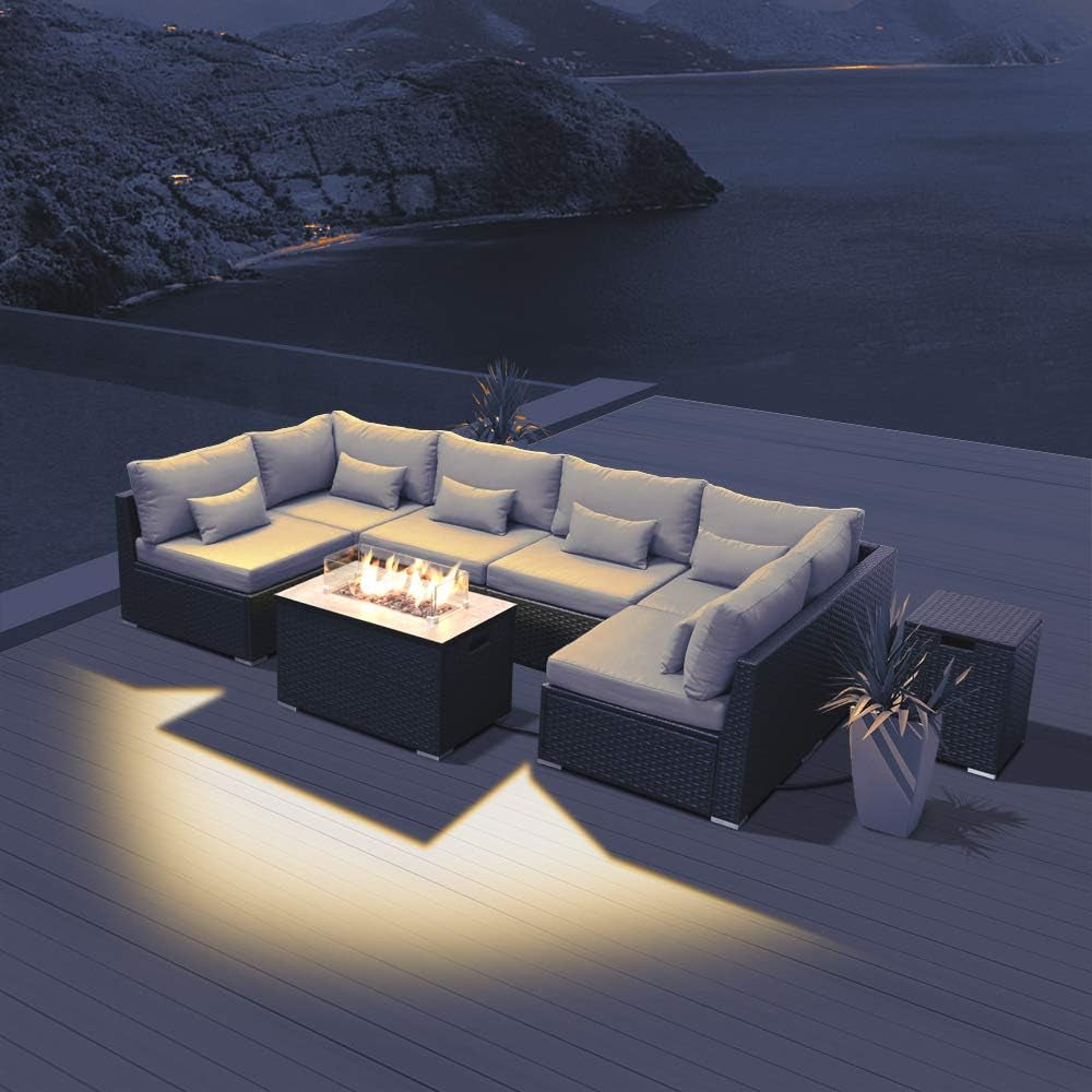 Outdoor Patio Furniture Set Wicker Rattan Patio Conversation Set with Fire Pit Table Sectional Sofa Set Seating Furniture with Thickened Cushion (Light Gray - Rectangular Fire Pit Table)