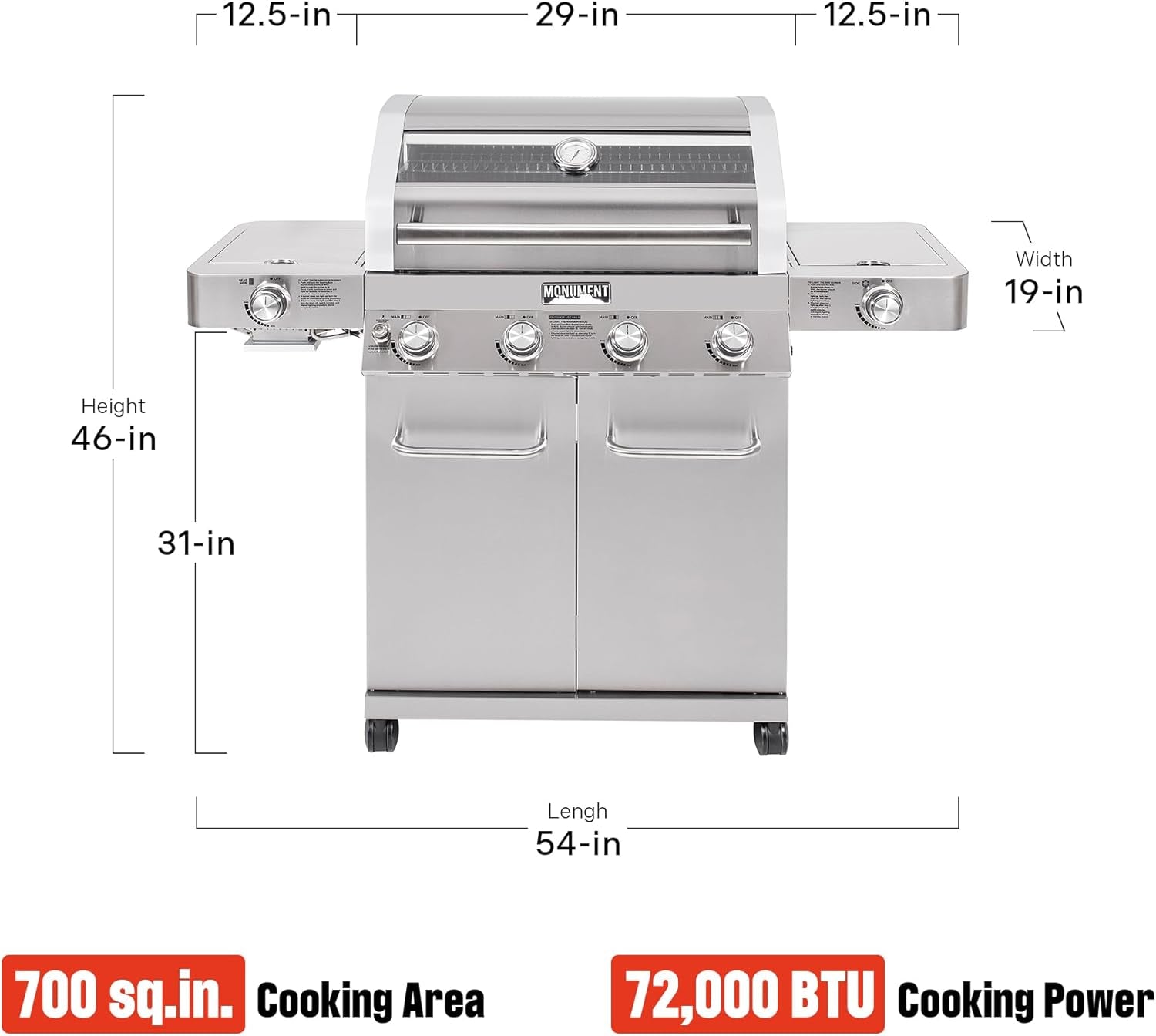 Larger 4+2 Burner Propane Gas Grills Stainless Steel Cabinet Style with Clearview® Lid, Knob Controls, Built-In Thermometer, Infrared Side Sear Burners & Side Burners, Outdoor Use