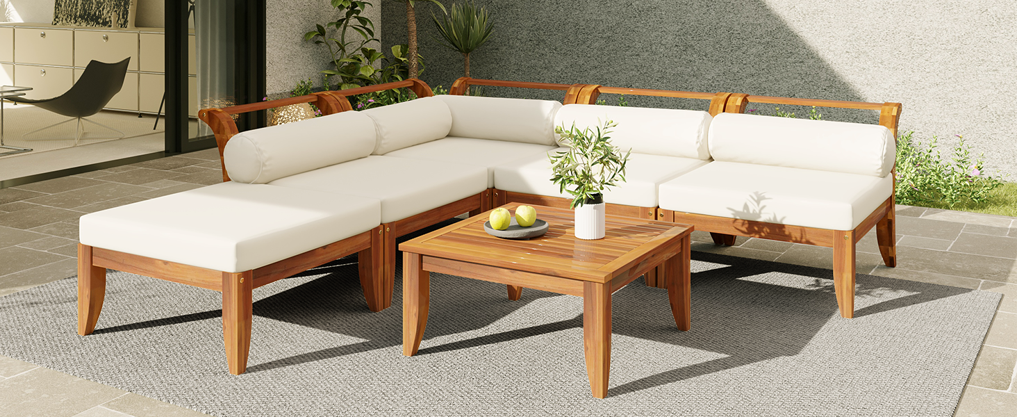 6- Piece Acacia Wood Outdoor Modular Sectional with Daybed and Tea Table