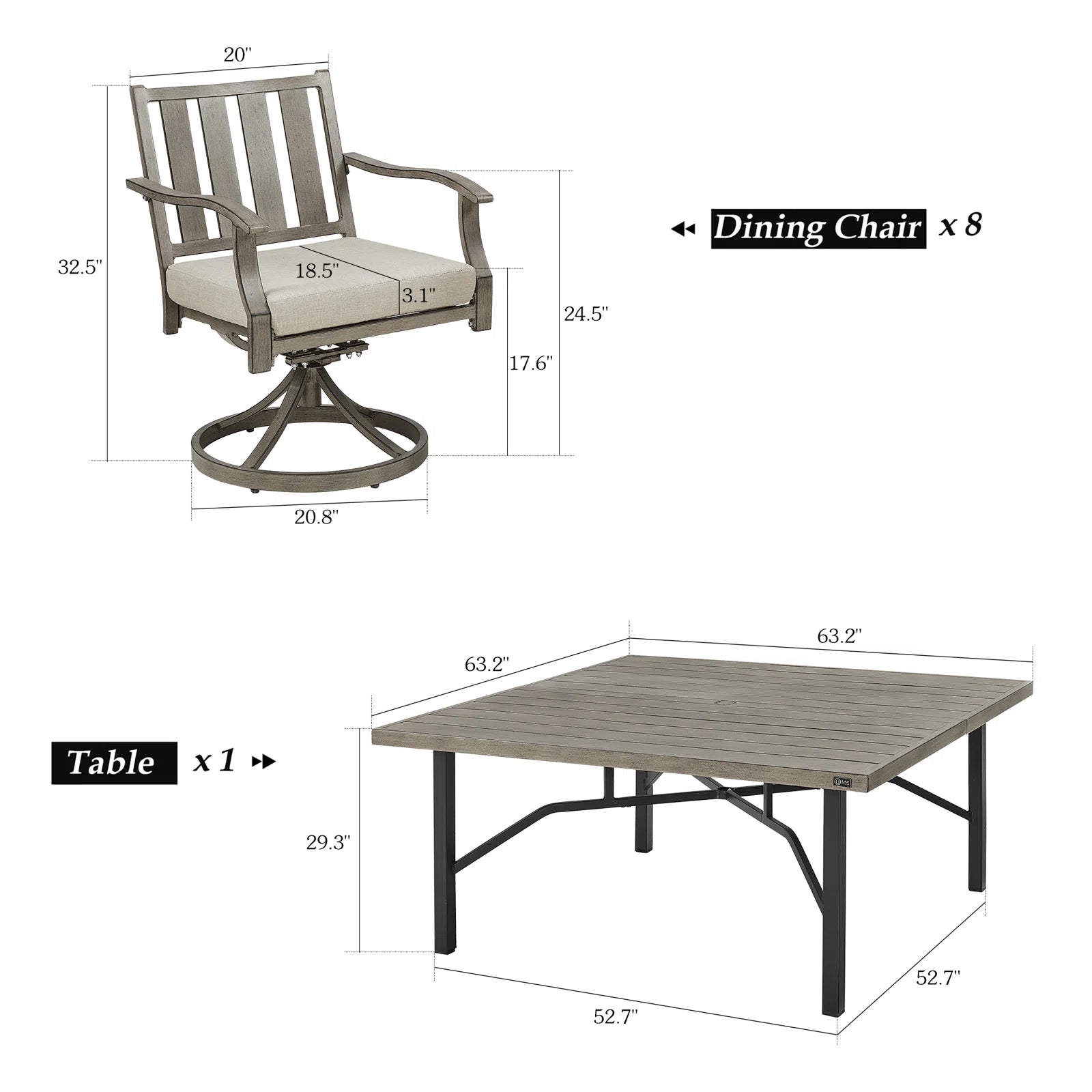 Outdoor 8- Person Square Dining Set with Sunbrella® Cushions