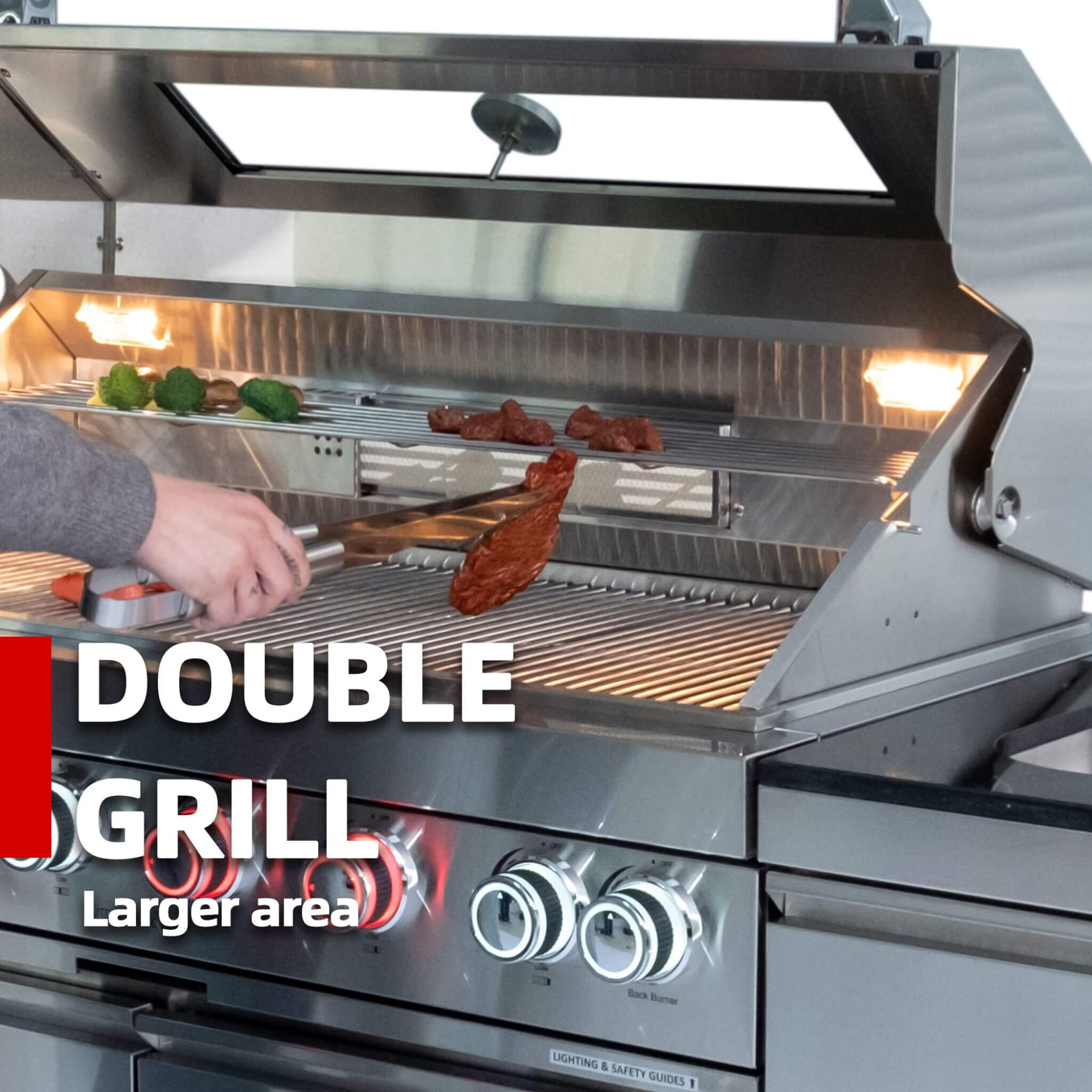 Castelle Flame Imperial 110-Inch 4-Burner 72K BTU Deluxe Stainless Steel Outdoor Kitchen Grill Island With Wine Cooler, Rotisserie, Cabinets, And Granite Countertops