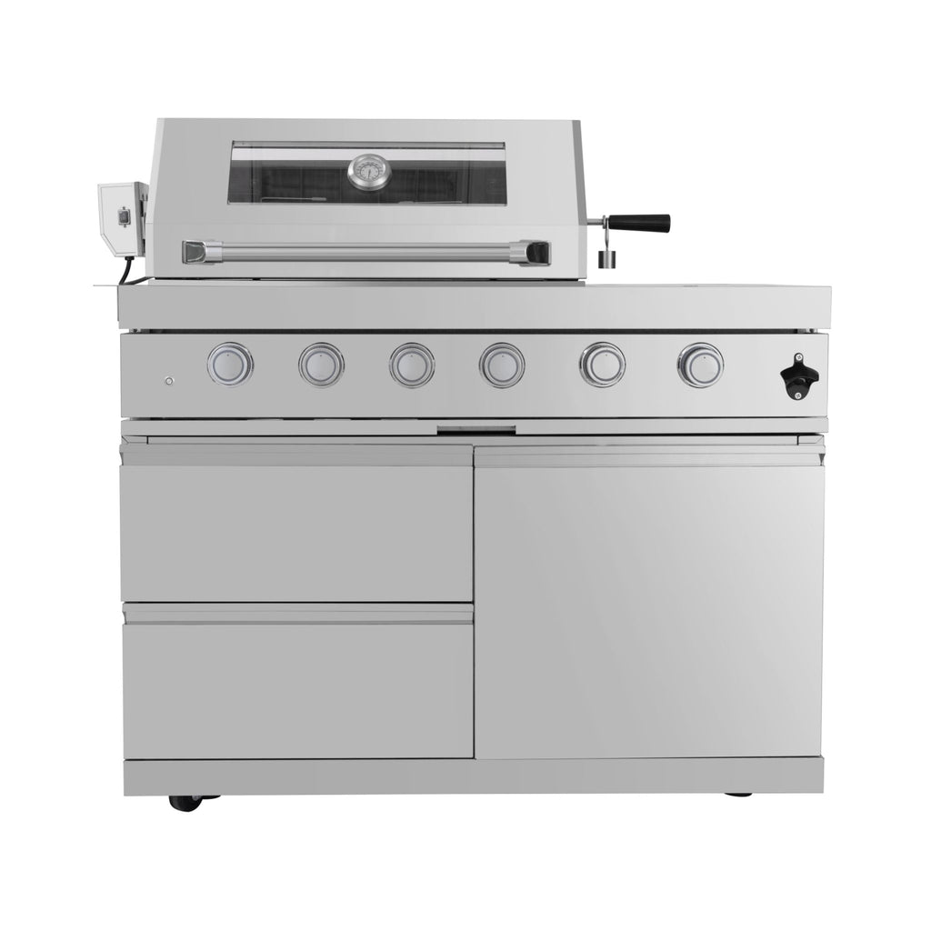 Castelle Flame Imperial 110-Inch 4-Burner 72K BTU Deluxe Stainless Steel Outdoor Kitchen Grill Island With Wine Cooler, Rotisserie, Cabinets, And Granite Countertops