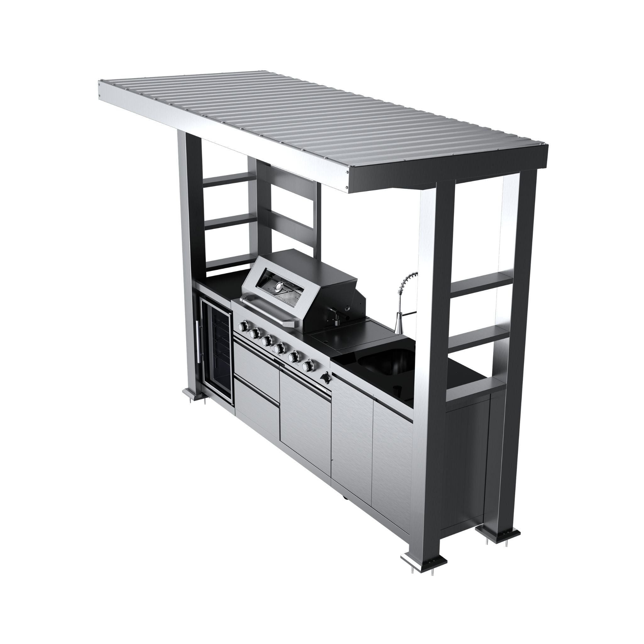 Castelle Flame Imperial 110-Inch 4-Burner 72K BTU Deluxe Stainless Steel Outdoor Kitchen Grill Island With Wine Cooler, Rotisserie, Cabinets, And Granite Countertops