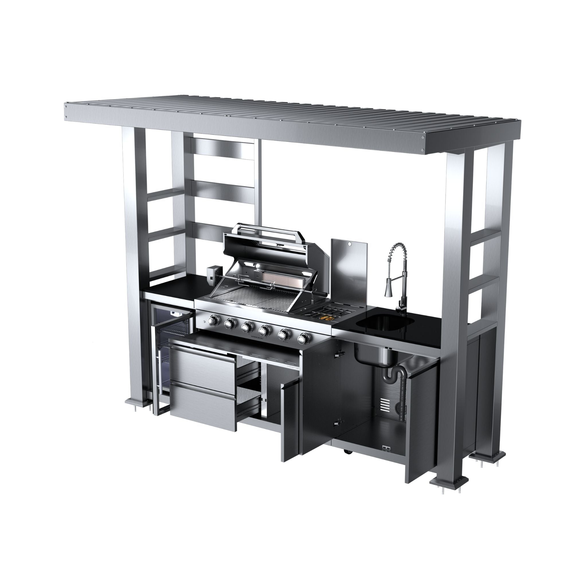 Castelle Flame Imperial 110-Inch 4-Burner 72K BTU Deluxe Stainless Steel Outdoor Kitchen Grill Island With Wine Cooler, Rotisserie, Cabinets, And Granite Countertops