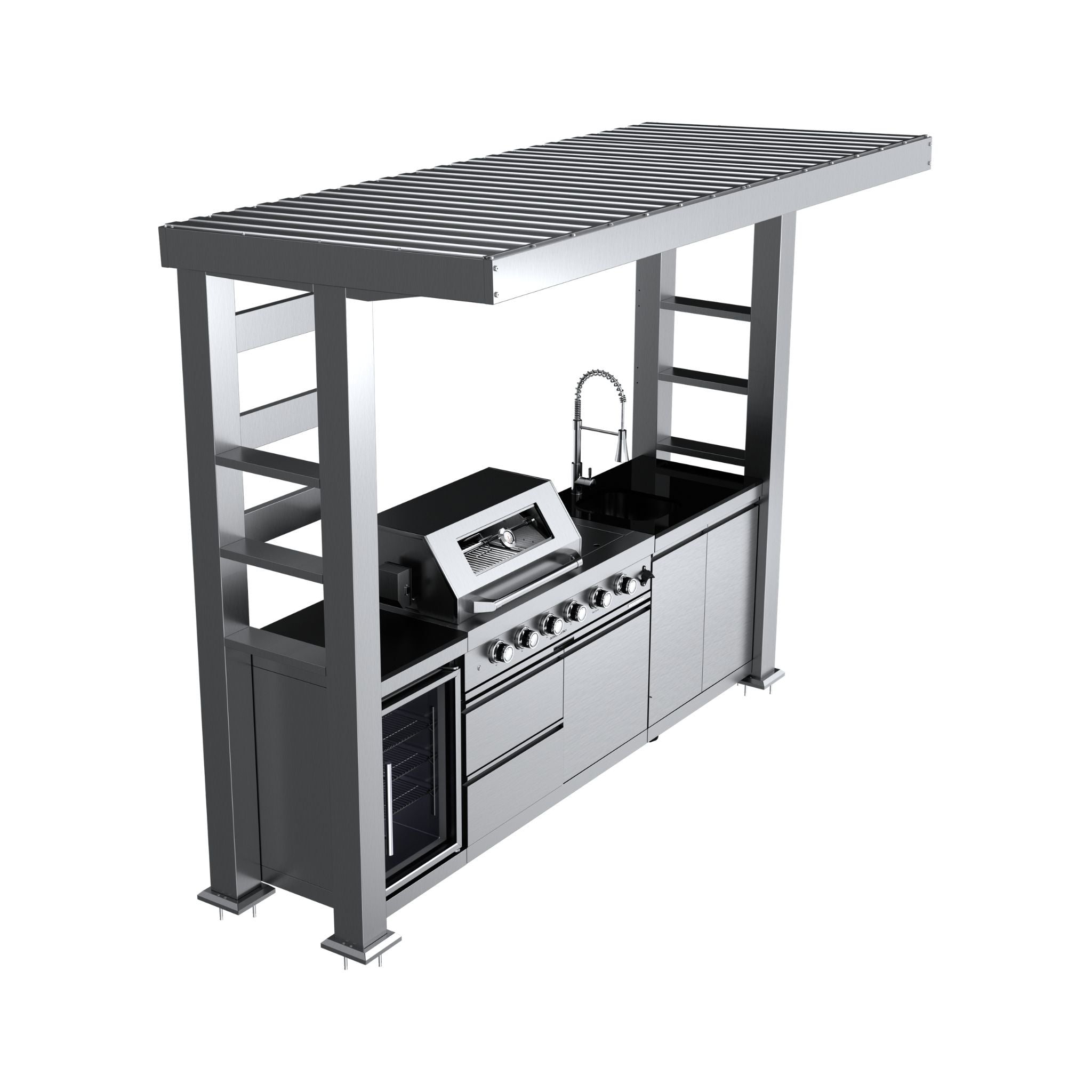 Castelle Flame Imperial 110-Inch 4-Burner 72K BTU Deluxe Stainless Steel Outdoor Kitchen Grill Island With Wine Cooler, Rotisserie, Cabinets, And Granite Countertops