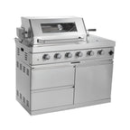 Castelle Flame Imperial 110-Inch 4-Burner 72K BTU Deluxe Stainless Steel Outdoor Kitchen Grill Island With Wine Cooler, Rotisserie, Cabinets, And Granite Countertops