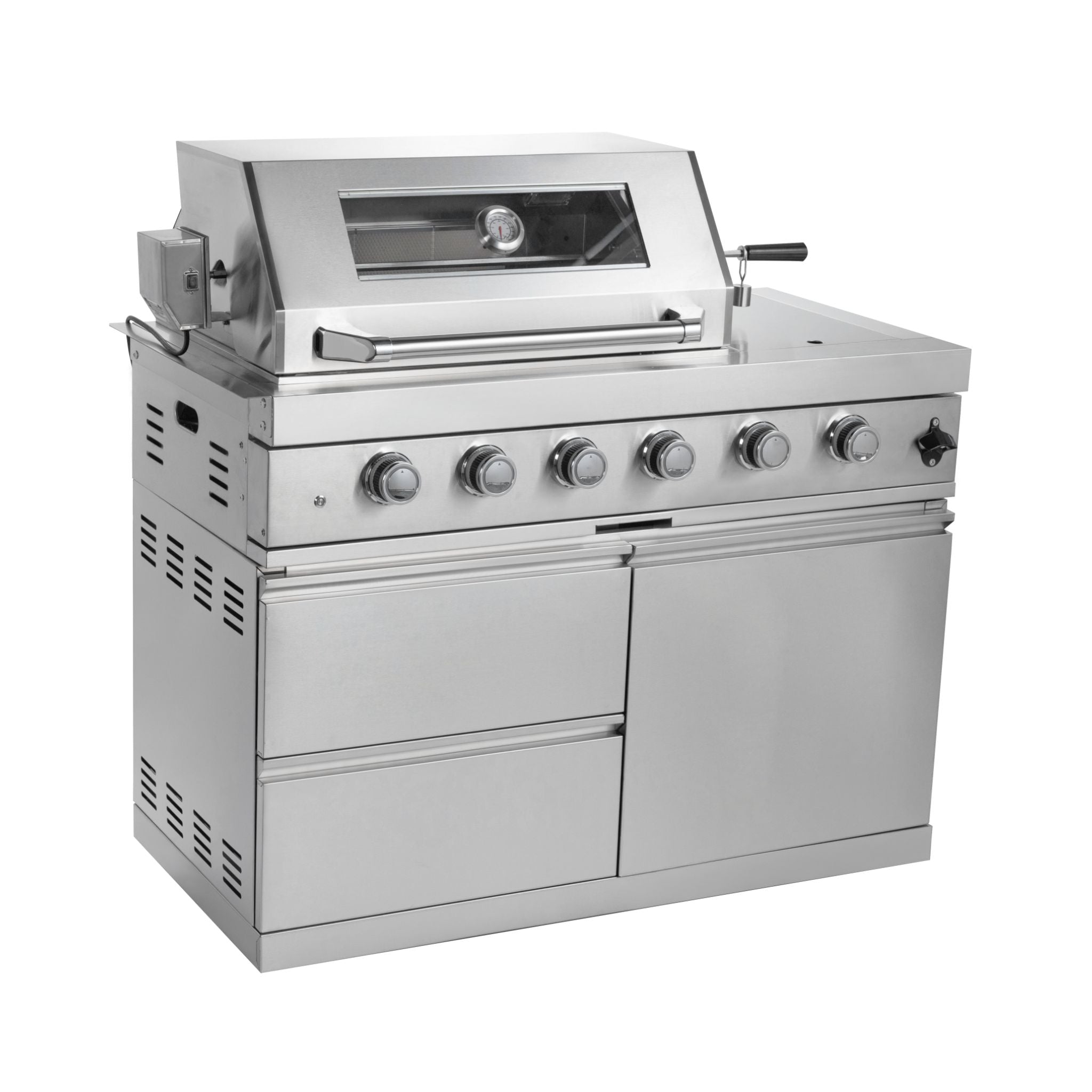 Castelle Flame Imperial 110-Inch 4-Burner 72K BTU Deluxe Stainless Steel Outdoor Kitchen Grill Island With Wine Cooler, Rotisserie, Cabinets, And Granite Countertops