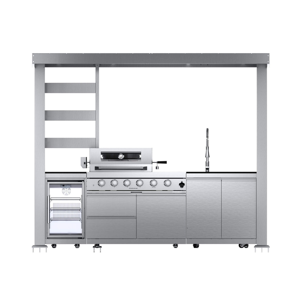 Castelle Flame Imperial 110-Inch 4-Burner 72K BTU Deluxe Stainless Steel Outdoor Kitchen Grill Island With Wine Cooler, Rotisserie, Cabinets, And Granite Countertops