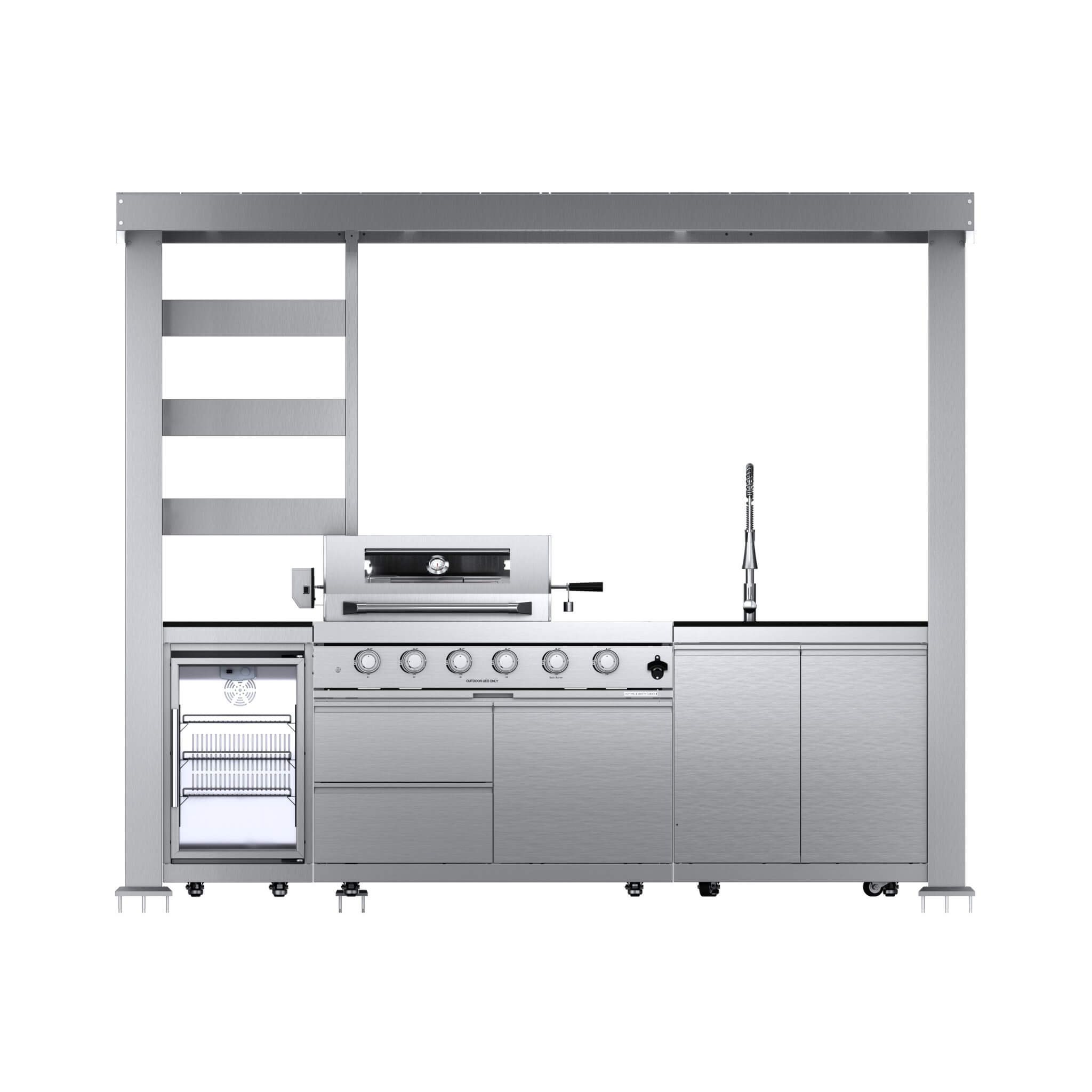Castelle Flame Imperial 110-Inch 4-Burner 72K BTU Deluxe Stainless Steel Outdoor Kitchen Grill Island With Wine Cooler, Rotisserie, Cabinets, And Granite Countertops