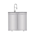 Castelle Flame Imperial 110-Inch 4-Burner 72K BTU Deluxe Stainless Steel Outdoor Kitchen Grill Island With Wine Cooler, Rotisserie, Cabinets, And Granite Countertops