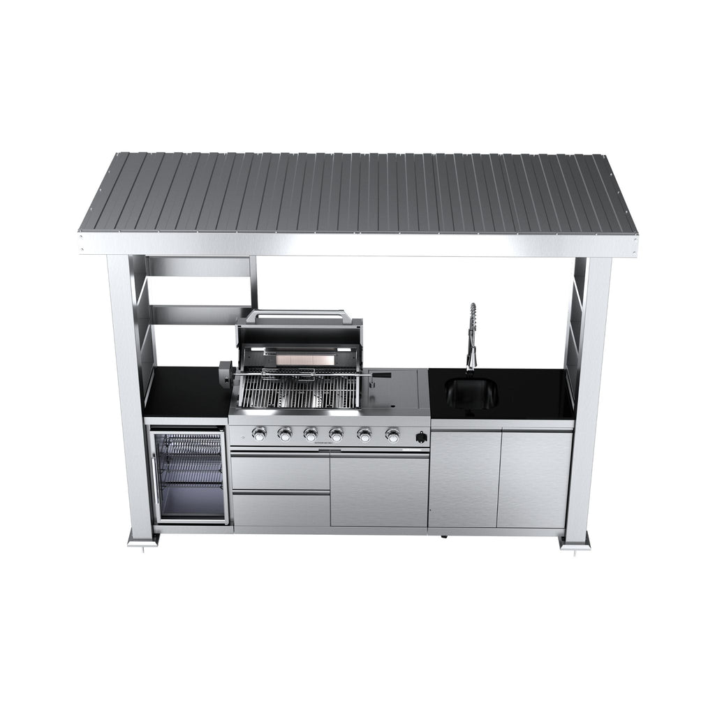 Castelle Flame Imperial 110-Inch 4-Burner 72K BTU Deluxe Stainless Steel Outdoor Kitchen Grill Island With Wine Cooler, Rotisserie, Cabinets, And Granite Countertops