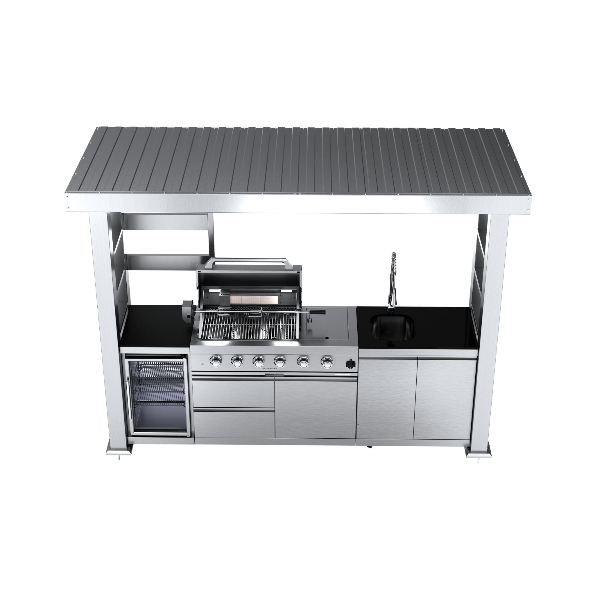 Castelle Flame Imperial 110-Inch 4-Burner 72K BTU Deluxe Stainless Steel Outdoor Kitchen Grill Island With Wine Cooler, Rotisserie, Cabinets, And Granite Countertops